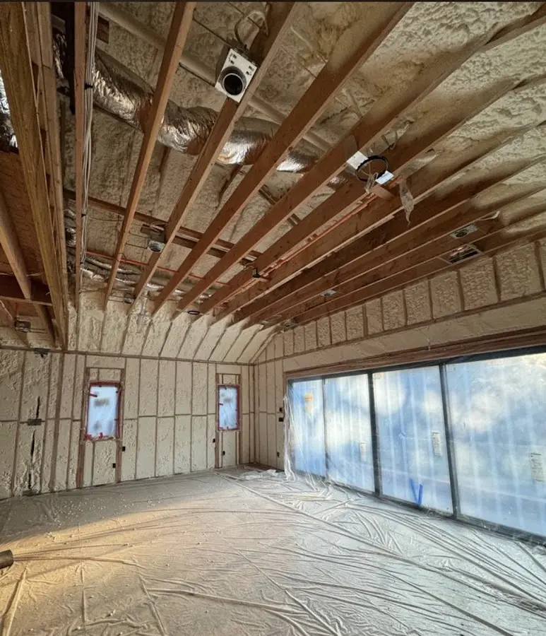 Interior walls and ceiling insulated with spray foam during new construction in Pleasant Hills